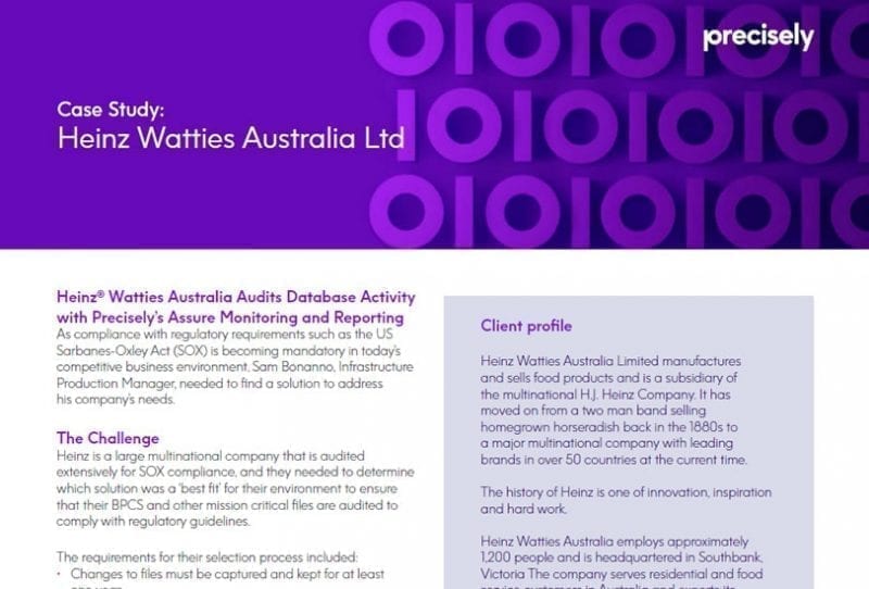 Heinze Watties Australia Audits Database Activity With Precisely's Assure Monitoring and Reporting