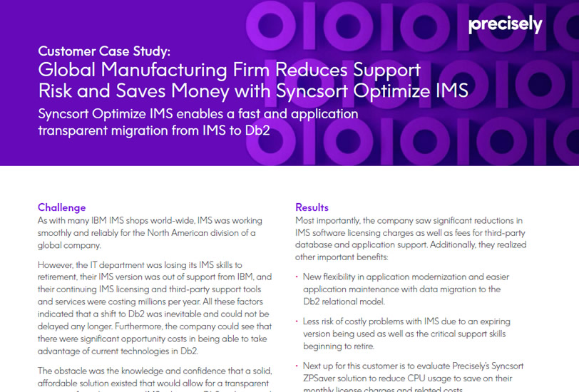 Manufacturing Firm Reduces Support Risk with Syncsort Optimize IMS