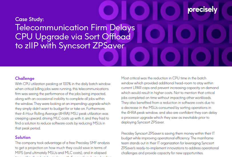 Telecommunication Firm Delays CPU Upgrade with Precisely Syncsort ZPSaver