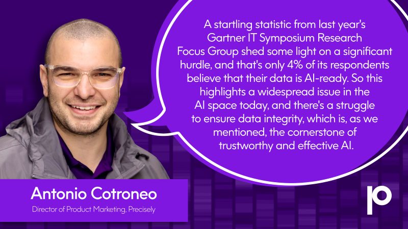 Quote from Antonio Cotroneo at Precisely: "A startling statistic from last year's Gartner IT Symposium Research Focus Group shed some light on a significant hurdle, and that's only 4% of its respondents believe that their data is AI-ready. So this highlights a widespread issue in the AI space today, and there's a struggle to ensure data integrity, which is, as we mentioned, the cornerstone of trustworthy and effective AI."