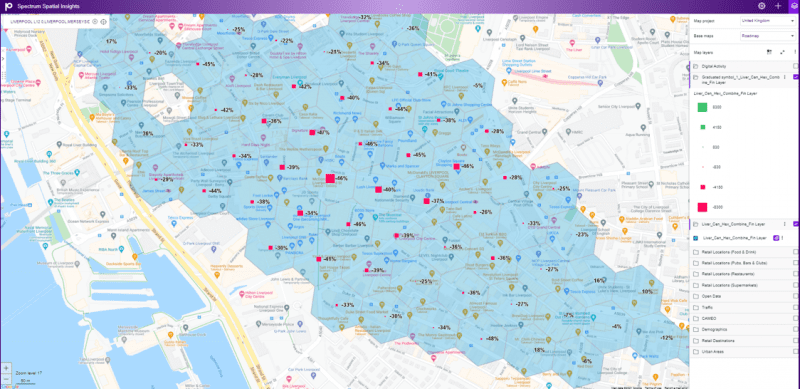 he red locations identify the negative change in footfall at every location