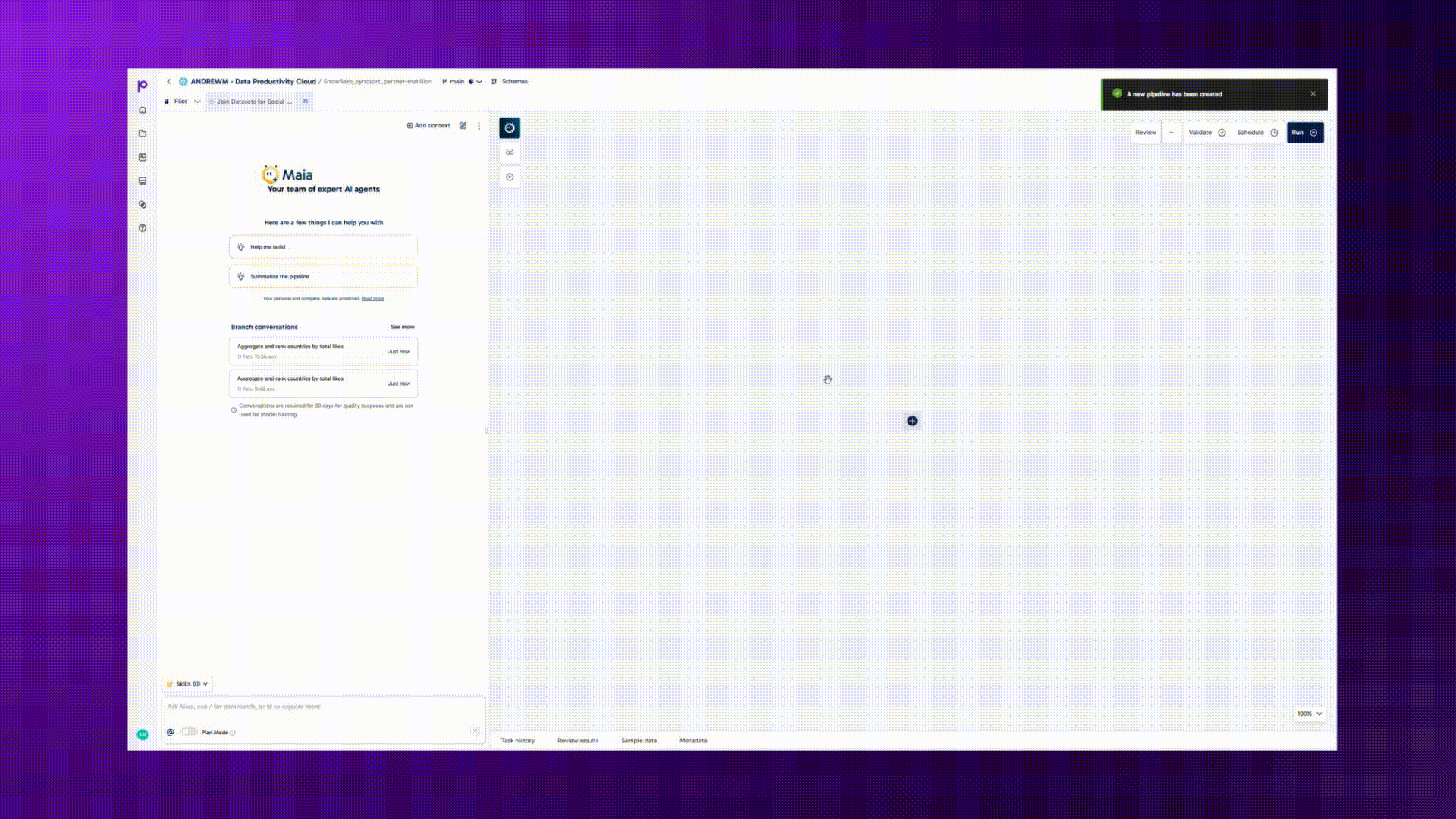 Drag and drop canvas for low-code pipeline creation