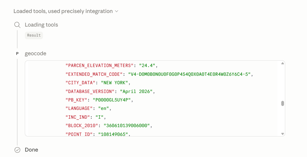 The MCP server handled address autocomplete, returned latitude and longitude, and surfaced a PreciselyID