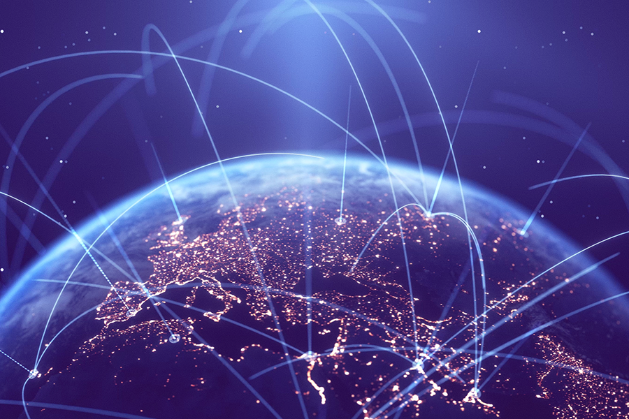 View of Earth and manufacturing location data connections from space