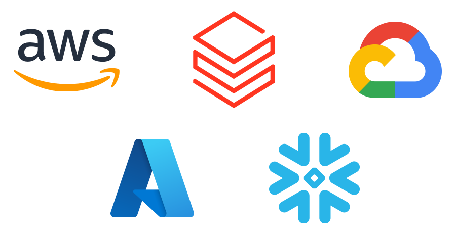 AWS, Databricks, Google Cloud, Microsoft Azure, and Snowflake icons