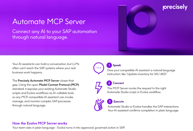 Automate MCP Server product sheet showing how AI assistants connect to SAP automation through Model Context Protocol (MCP)